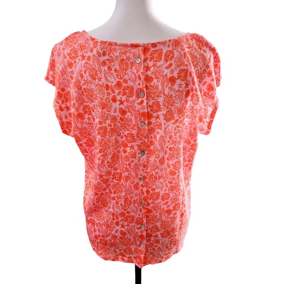 Sigrid Olsen 100 Linen Pink &‎ Orange Marine Life Short Sleeve Button Back Top L - Picture 4 of 8